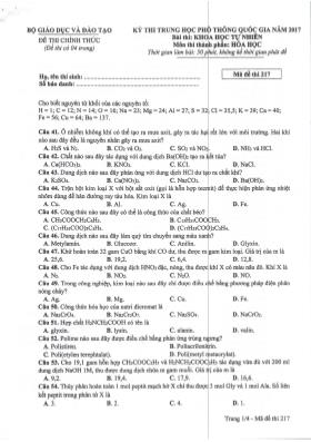 Đề thi Trung học phổ thông Quốc gia môn Hóa học năm 2017 - Mã đề 217